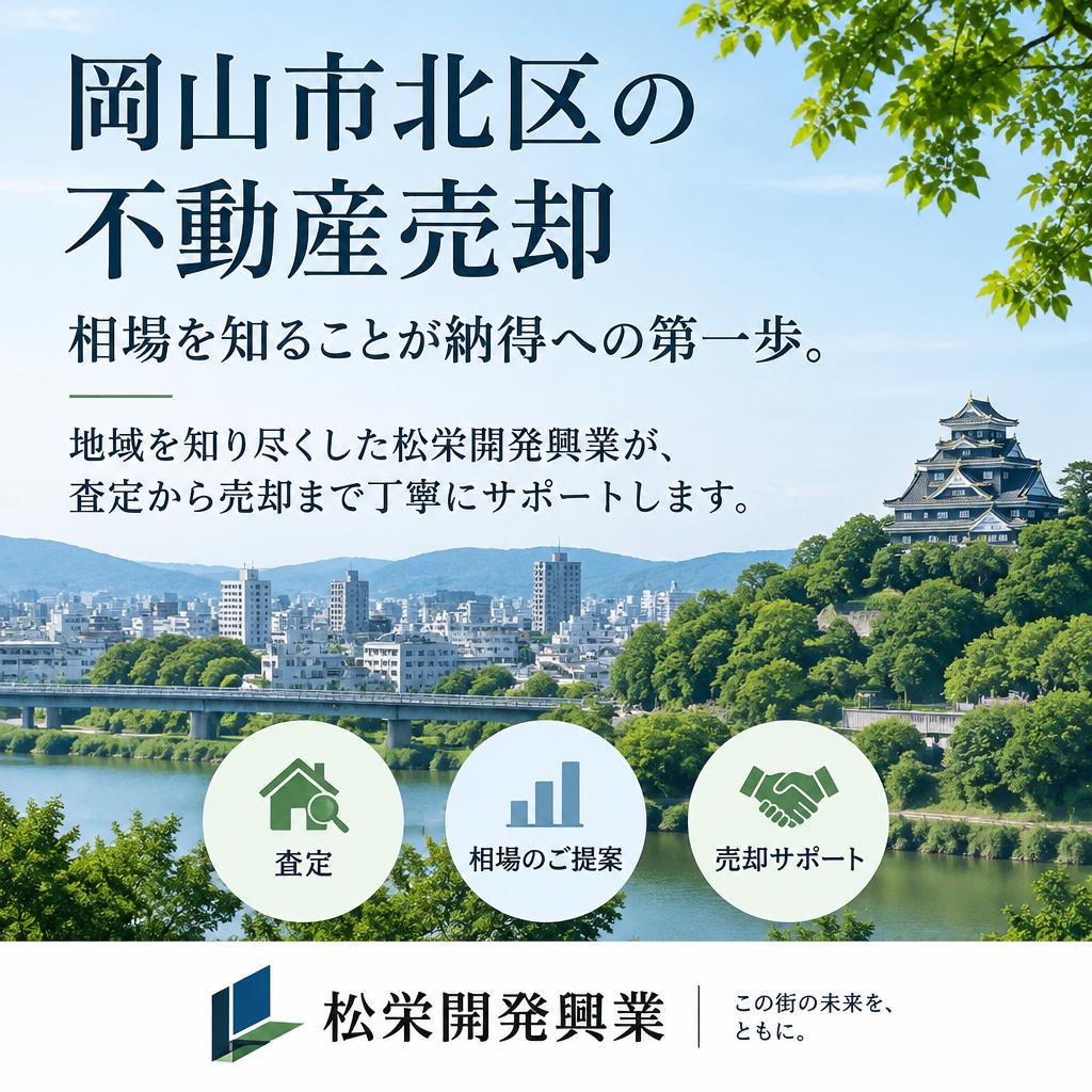 岡山市北区の不動産売却、相場を知ることが納得への第一歩。地域を知り尽くした松栄開発興業が、査定から売却まで丁寧にサポートします。